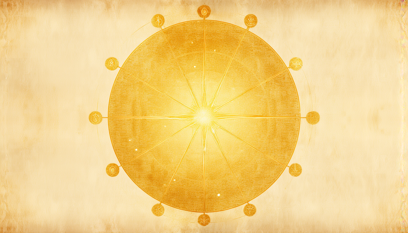 A golden twelve-spoked wheel on aged parchment
